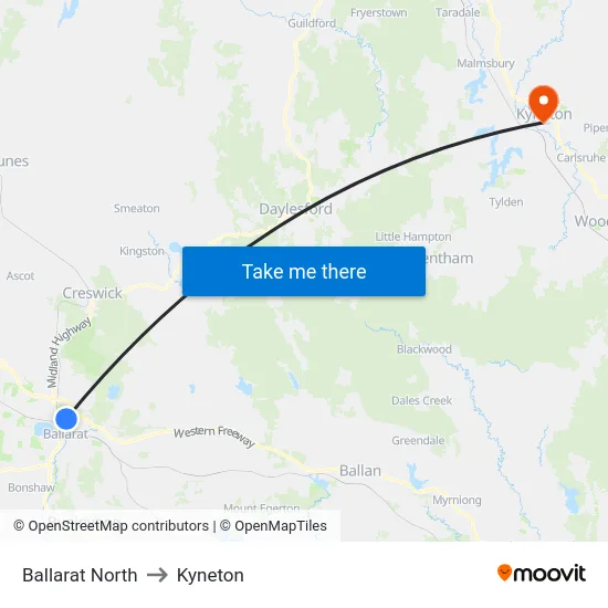 Ballarat North to Kyneton map