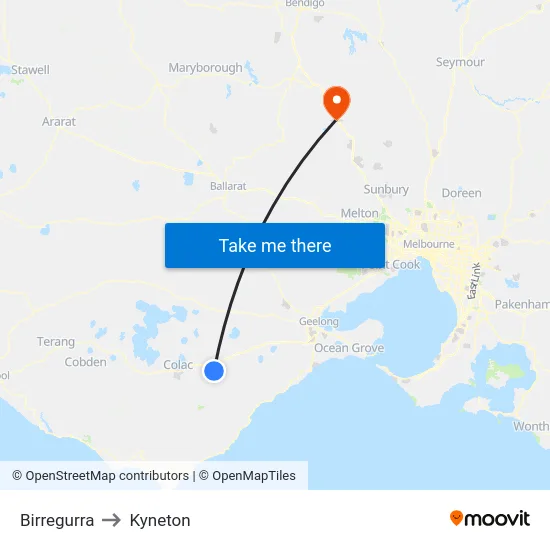 Birregurra to Kyneton map