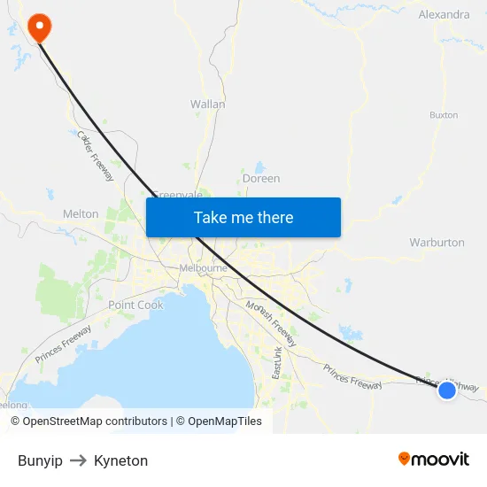 Bunyip to Kyneton map