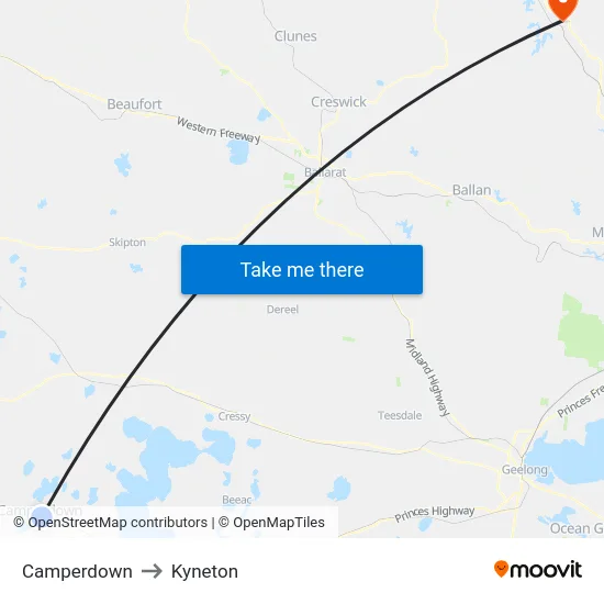Camperdown to Kyneton map