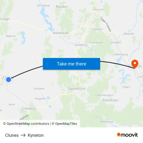 Clunes to Kyneton map