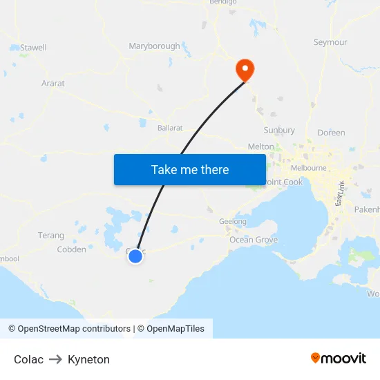 Colac to Kyneton map