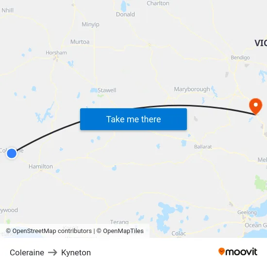 Coleraine to Kyneton map