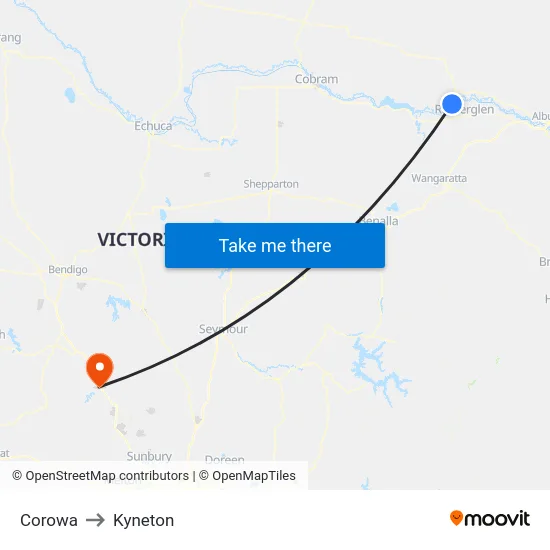 Corowa to Kyneton map