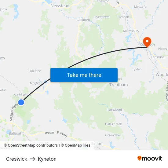 Creswick to Kyneton map