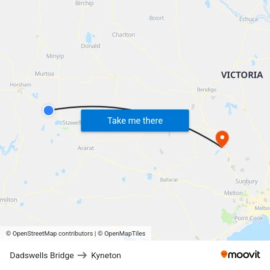 Dadswells Bridge to Kyneton map