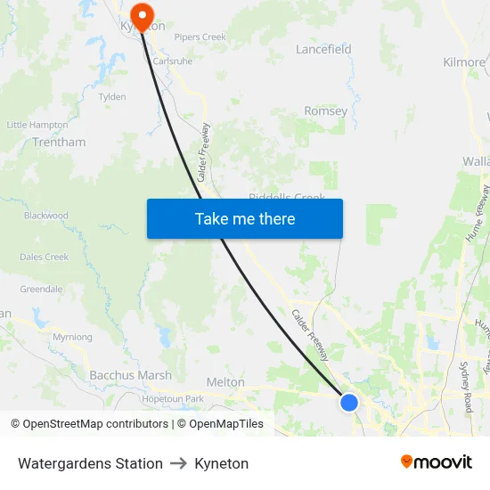 Watergardens Station to Kyneton map