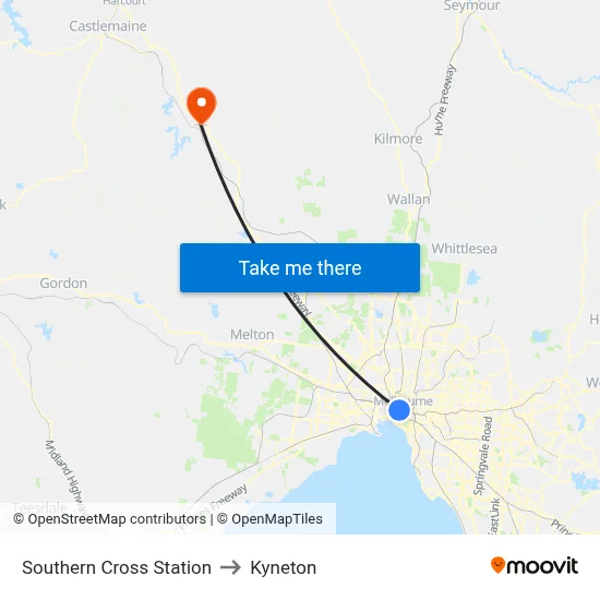 Southern Cross Station to Kyneton map