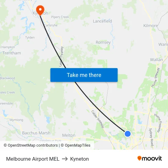 Melbourne Airport MEL to Kyneton map