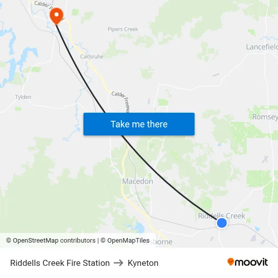 Riddells Creek Fire Station to Kyneton map