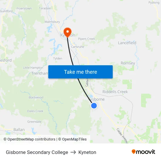 Gisborne Secondary College to Kyneton map