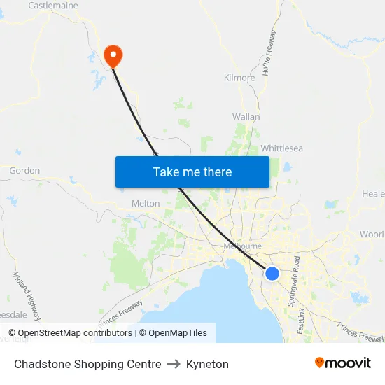 Chadstone Shopping Centre to Kyneton map