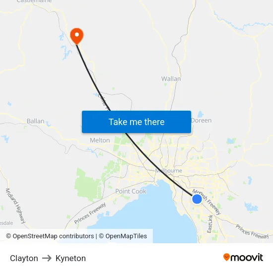 Clayton to Kyneton map