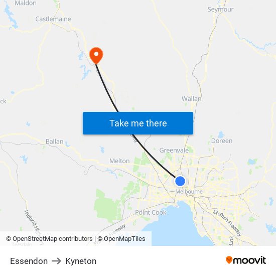 Essendon to Kyneton map