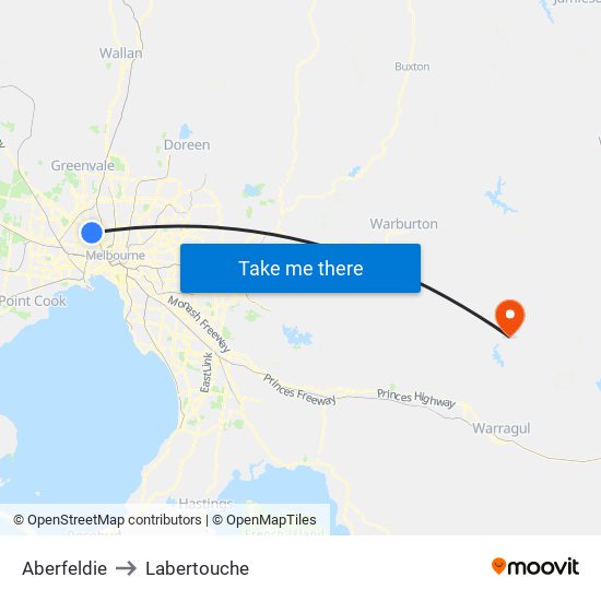 Aberfeldie to Labertouche map