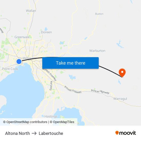 Altona North to Labertouche map