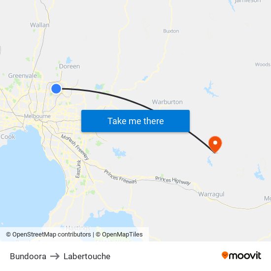 Bundoora to Labertouche map