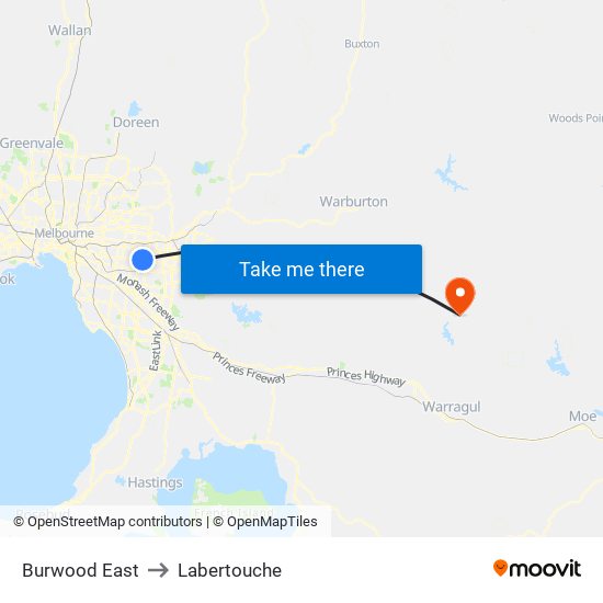 Burwood East to Labertouche map