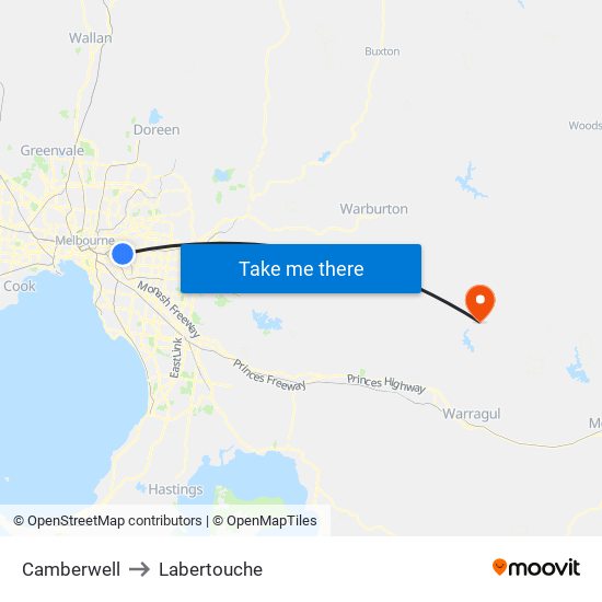 Camberwell to Labertouche map