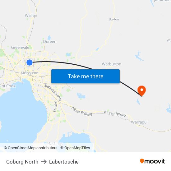 Coburg North to Labertouche map