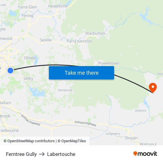 Ferntree Gully to Labertouche map