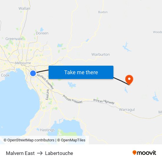 Malvern East to Labertouche map