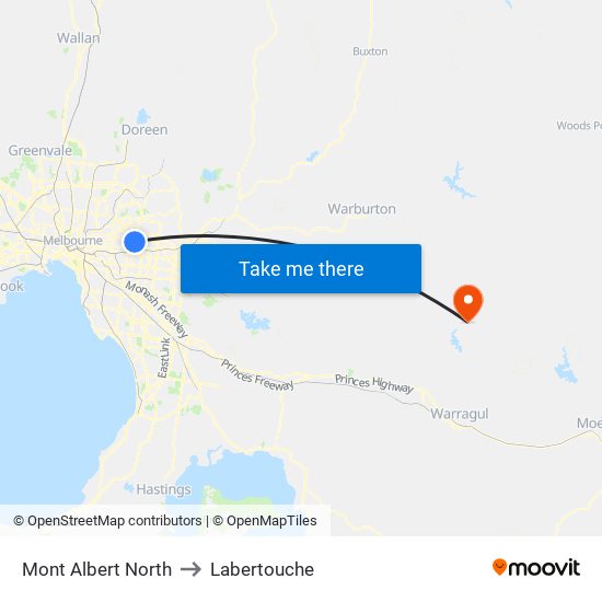 Mont Albert North to Labertouche map