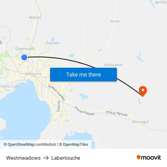 Westmeadows to Labertouche map