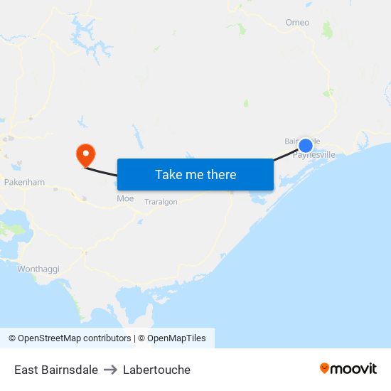 East Bairnsdale to Labertouche map