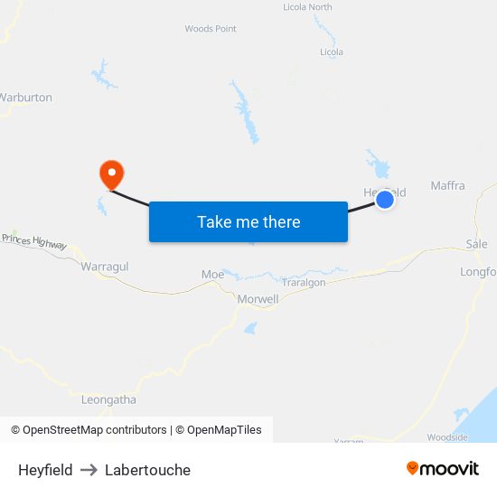 Heyfield to Labertouche map