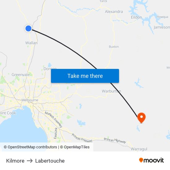 Kilmore to Labertouche map