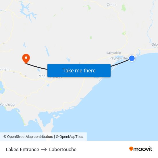 Lakes Entrance to Labertouche map