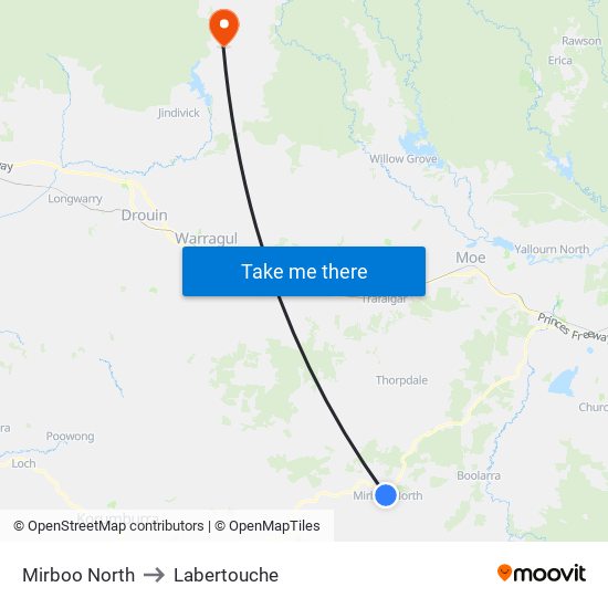 Mirboo North to Labertouche map