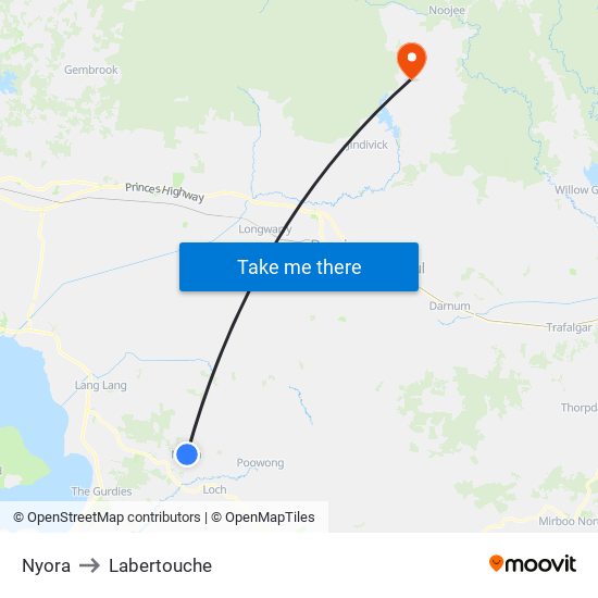 Nyora to Labertouche map