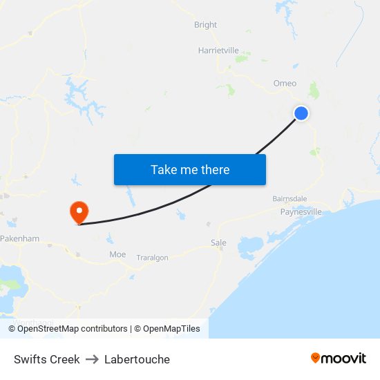 Swifts Creek to Labertouche map