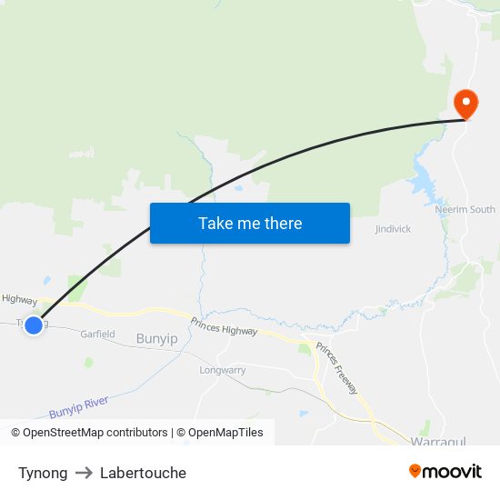 Tynong to Labertouche map