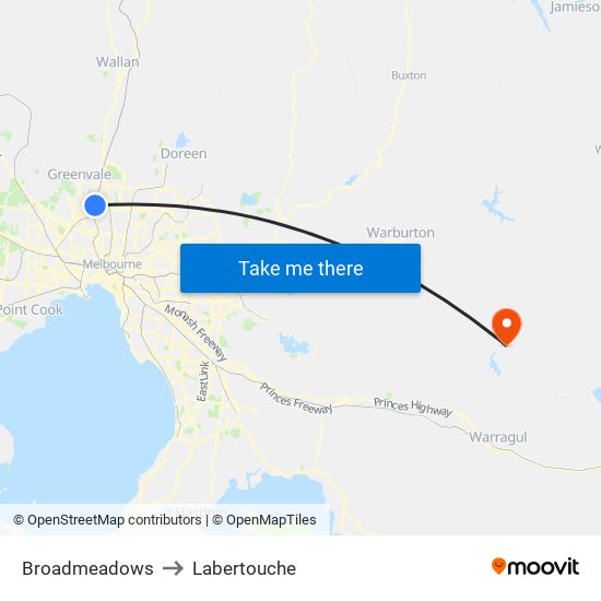 Broadmeadows to Labertouche map