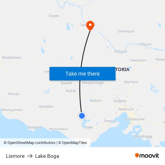 Lismore to Lake Boga map