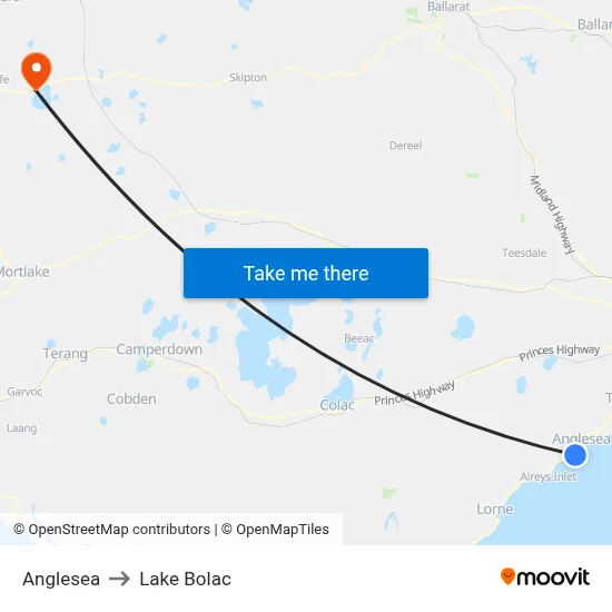 Anglesea to Lake Bolac map