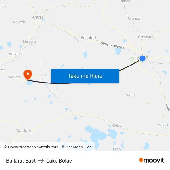 Ballarat East to Lake Bolac map