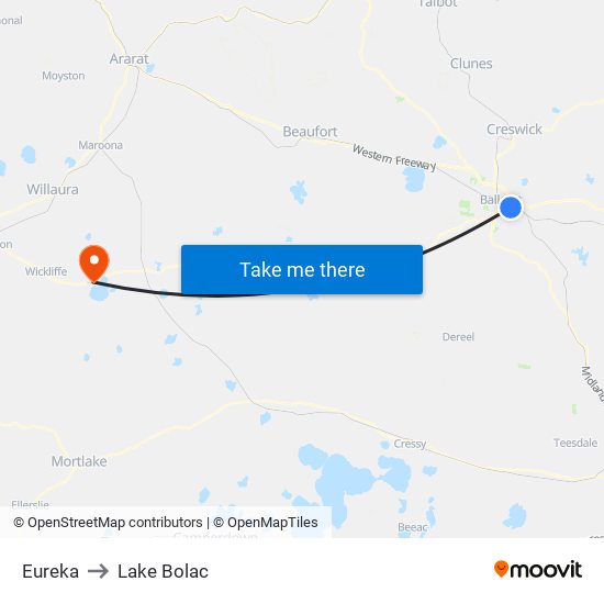 Eureka to Lake Bolac map