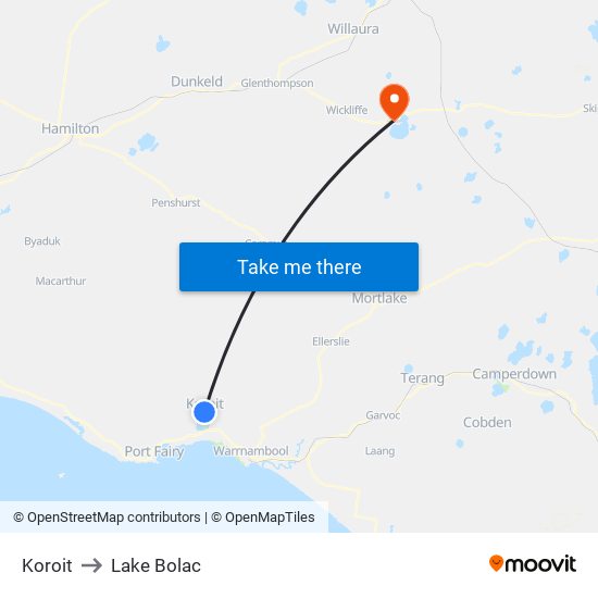 Koroit to Lake Bolac map