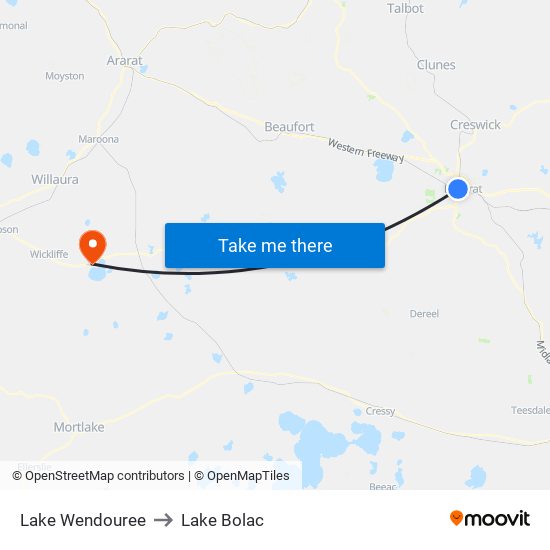 Lake Wendouree to Lake Bolac map