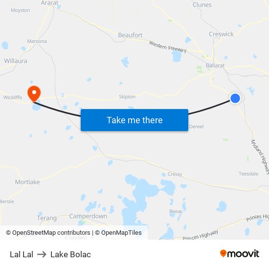 Lal Lal to Lake Bolac map