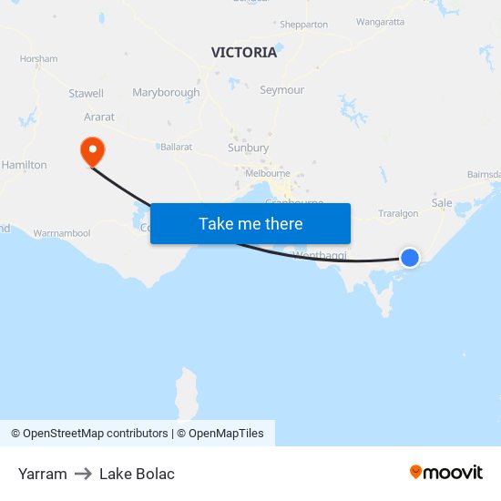Yarram to Lake Bolac map