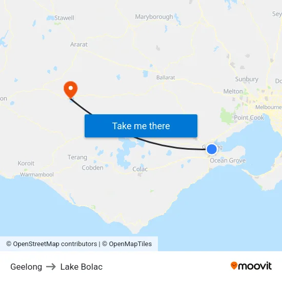 Geelong to Lake Bolac map