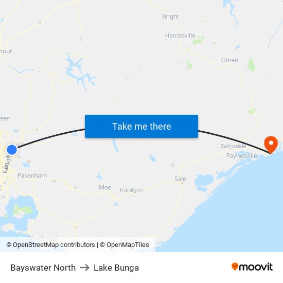 Bayswater North to Lake Bunga map