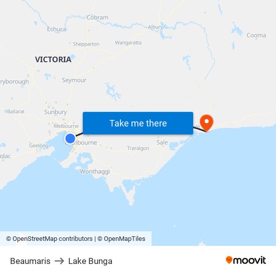 Beaumaris to Lake Bunga map