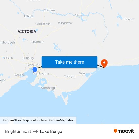 Brighton East to Lake Bunga map