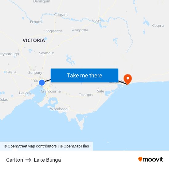 Carlton to Lake Bunga map